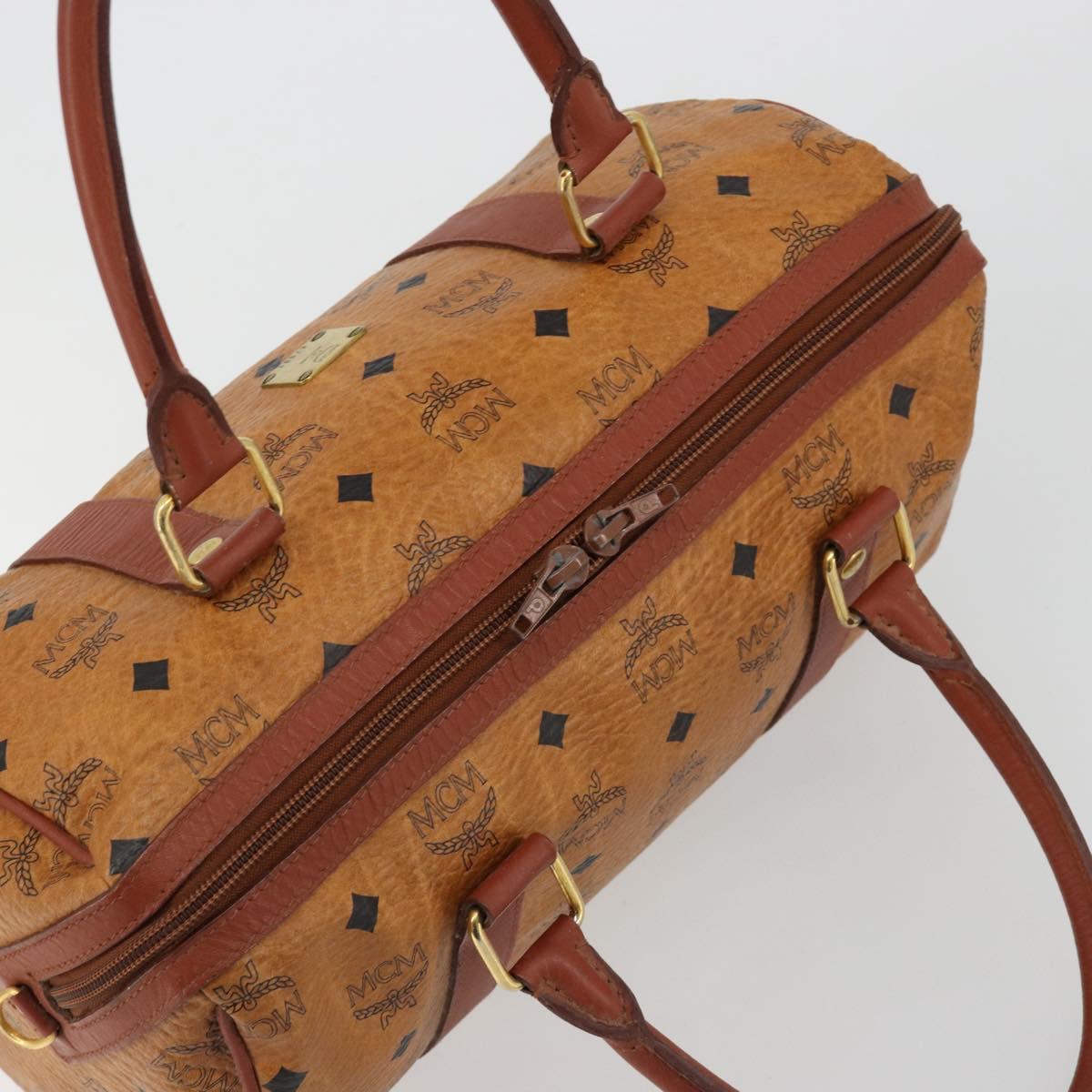 MCM Vicetos Logogram Boston Bag PVC Leather Brown Gold Auth gh2068