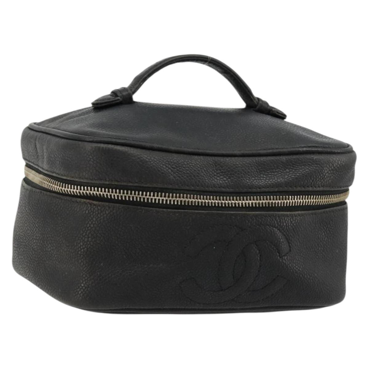 CHANEL Vanity Hand Bag Caviar Skin Black Gold CC Auth gh2069