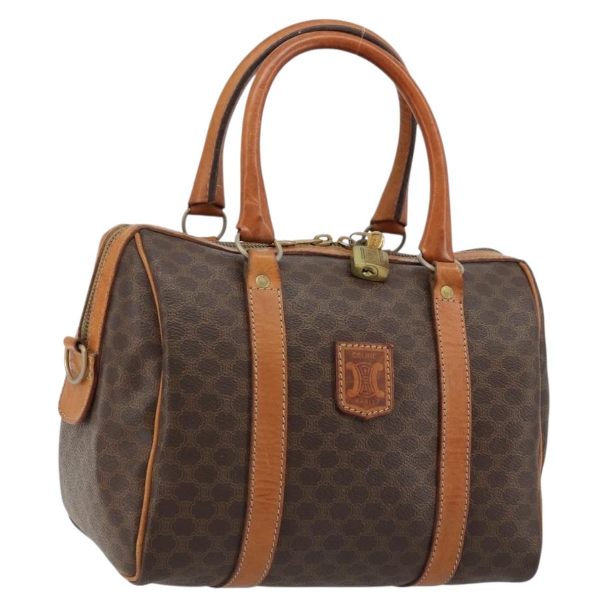 CELINE Macadam Canvas Boston Bag PVC Leather Brown Gold Auth gh2074