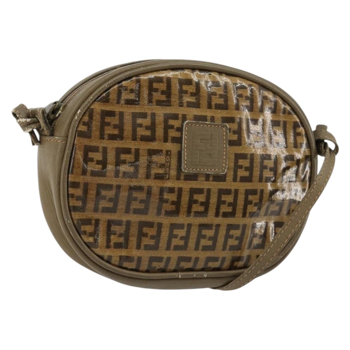 FENDI Zucchino Canvas Shoulder Bag Coated Canvas Beige Gold Auth gh2077