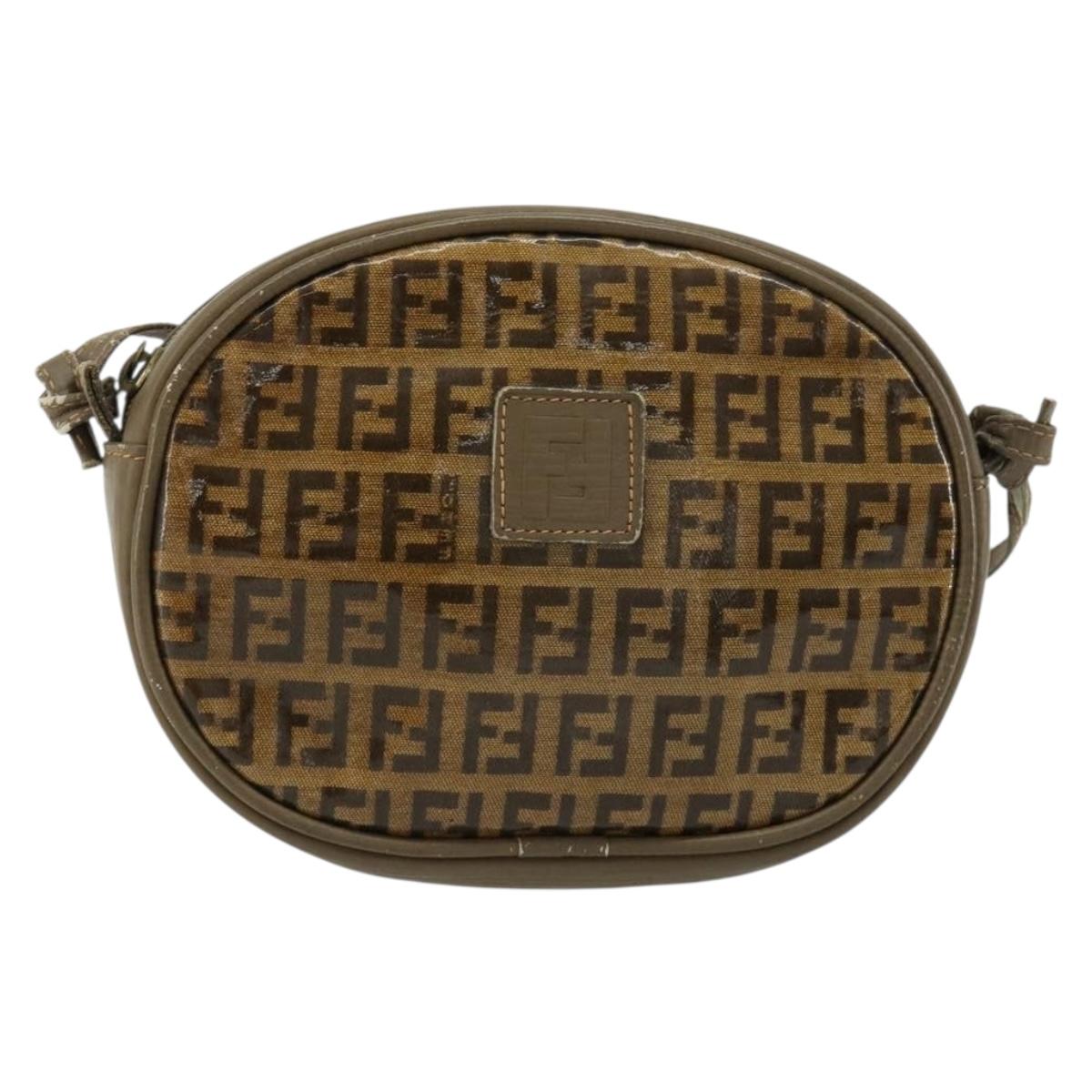 FENDI Zucchino Canvas Shoulder Bag Coated Canvas Beige Gold Auth gh2077