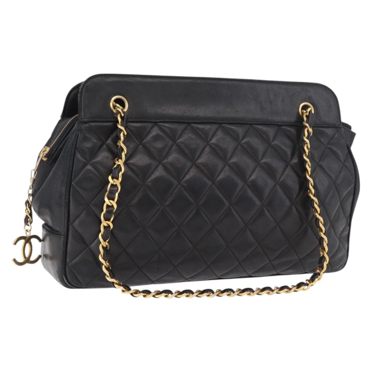 CHANEL Matelasse Chain Shoulder Bag Lamb Skin Black Gold CC Auth gh2091