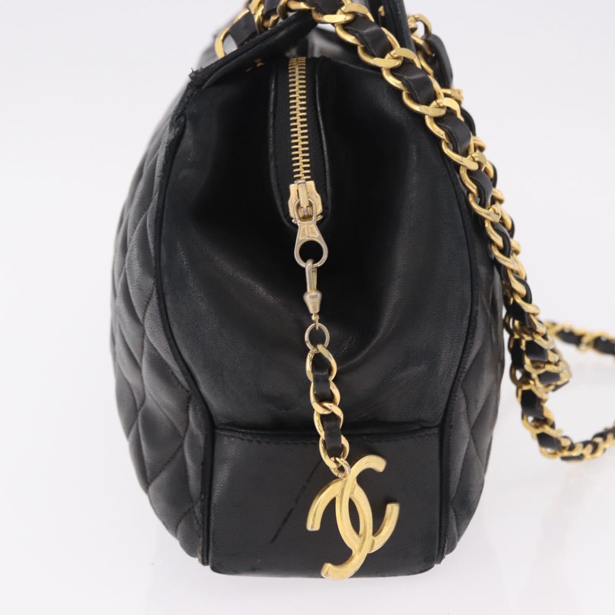 CHANEL Matelasse Chain Shoulder Bag Lamb Skin Black Gold CC Auth gh2091