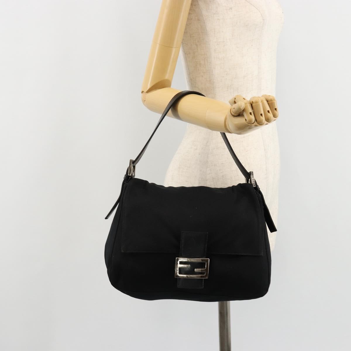 FENDI Mamma Baguette Shoulder Bag Cotton Jersey Black Silver Auth gh2097