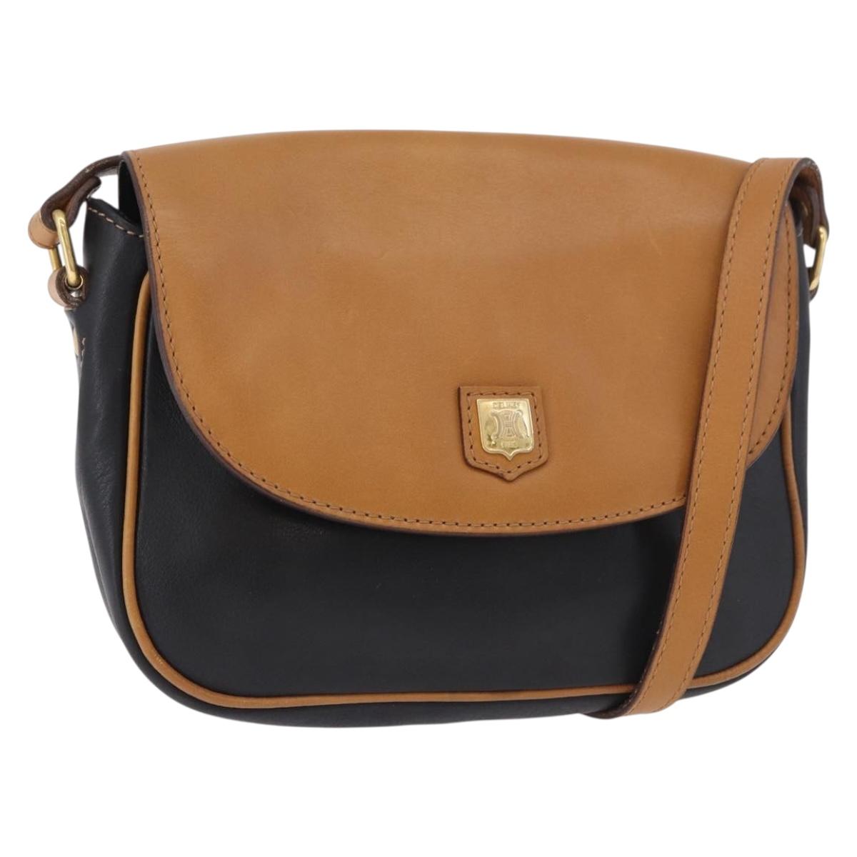 CELINE Shoulder Bag Leather Black Gold Auth gh2104