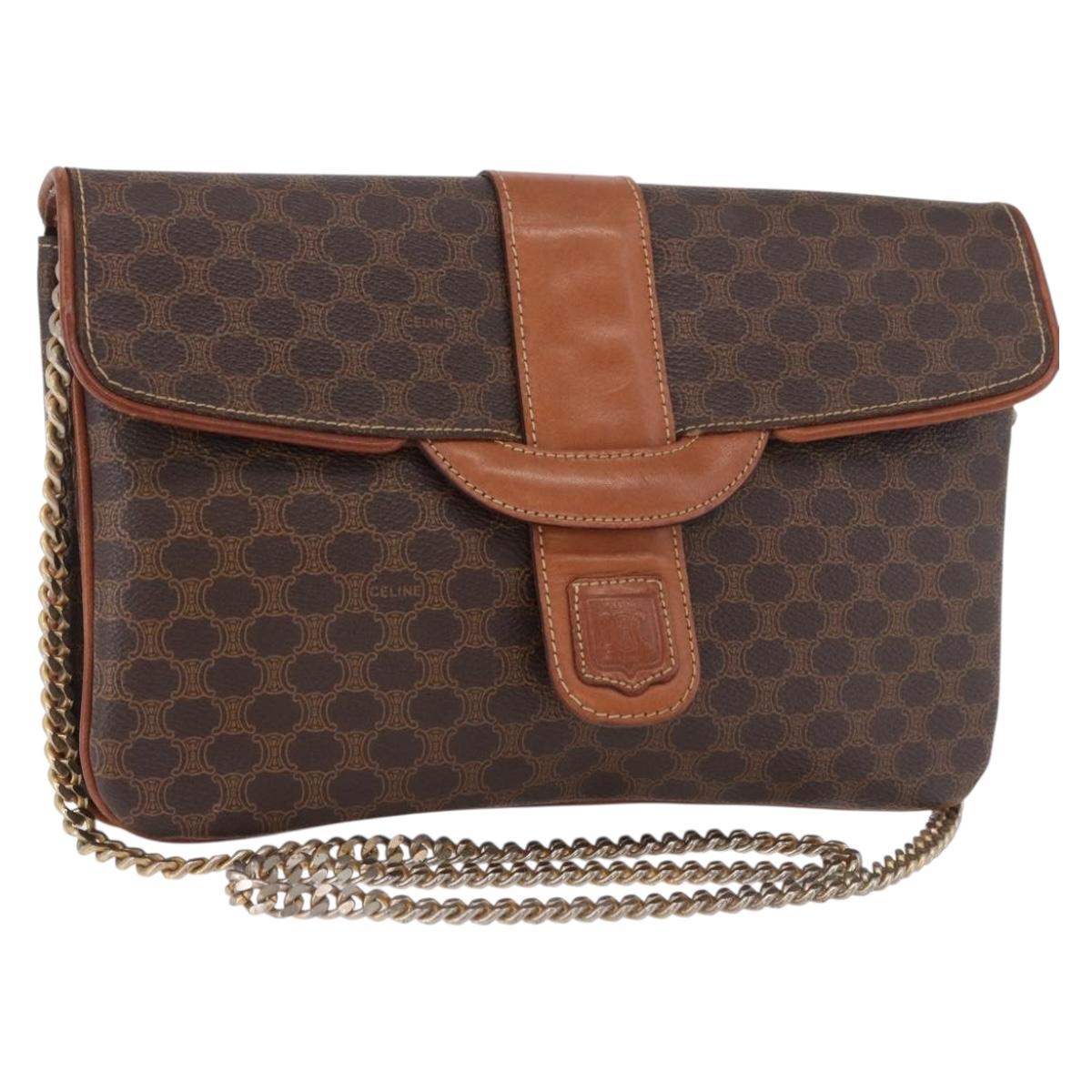 CELINE Macadam Canvas Chain Shoulder Bag PVC Leather Brown Gold Auth gh2108
