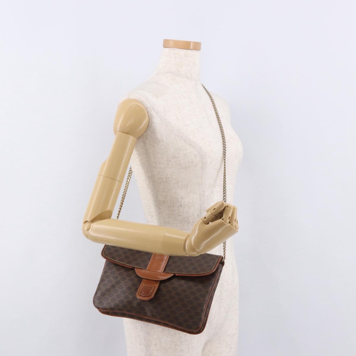 CELINE Macadam Canvas Chain Shoulder Bag PVC Leather Brown Gold Auth gh2108
