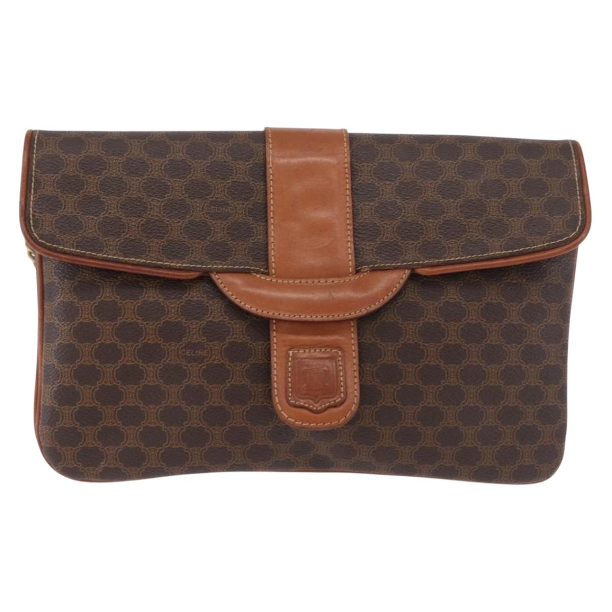 CELINE Macadam Canvas Chain Shoulder Bag PVC Leather Brown Gold Auth gh2108