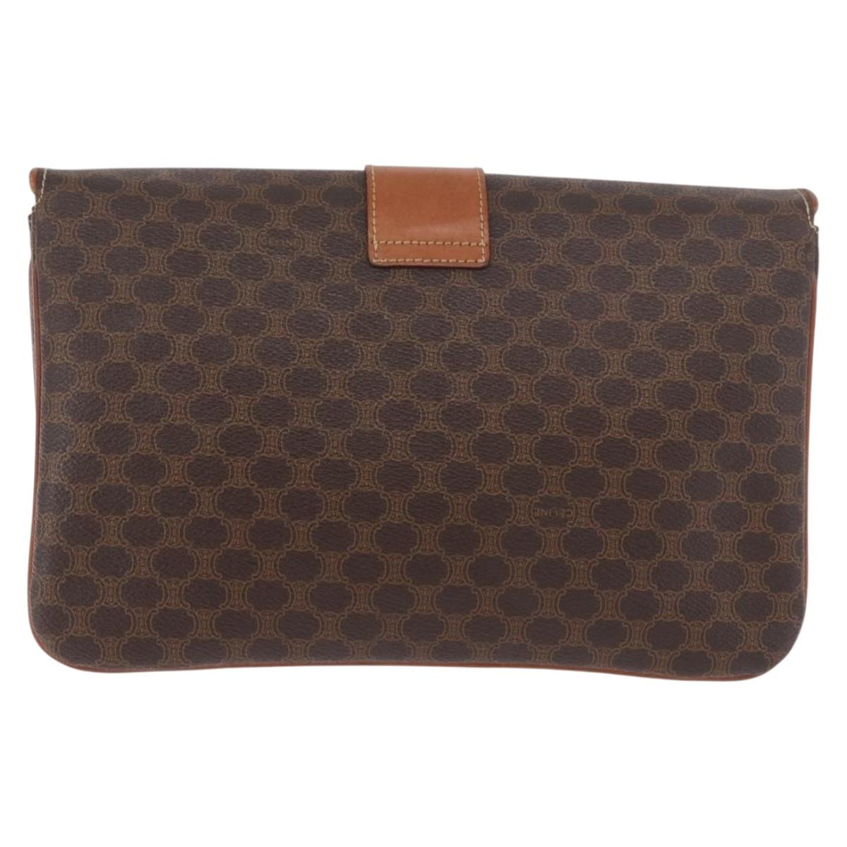 CELINE Macadam Canvas Chain Shoulder Bag PVC Leather Brown Gold Auth gh2108