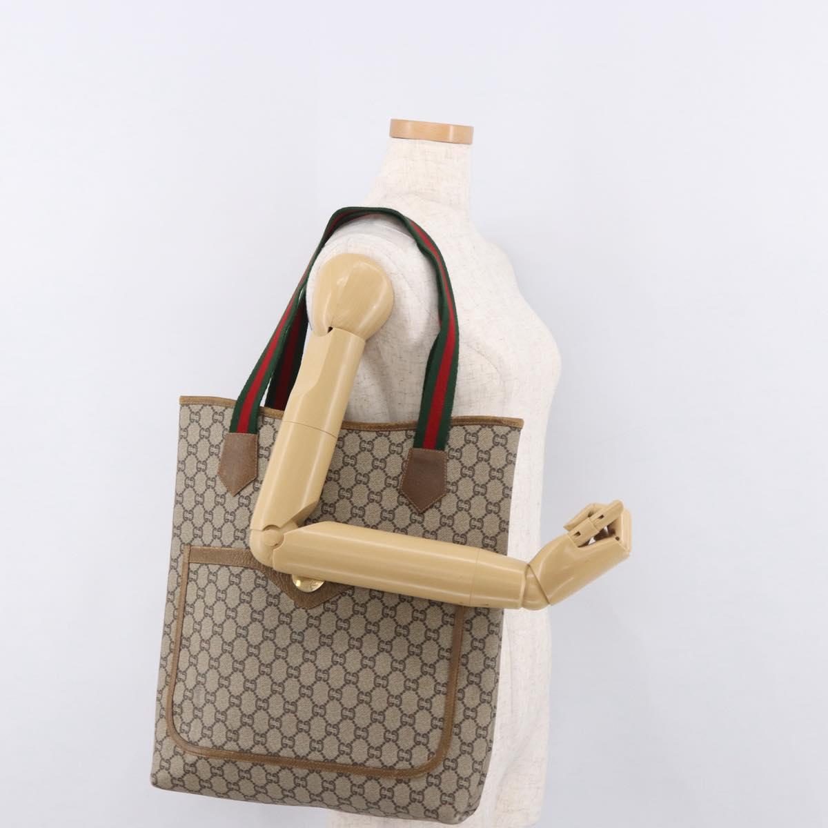 GUCCI GUCCI Plus Supreme Web Sherry Line Tote Bag PVC Beige Gold Auth gh2126