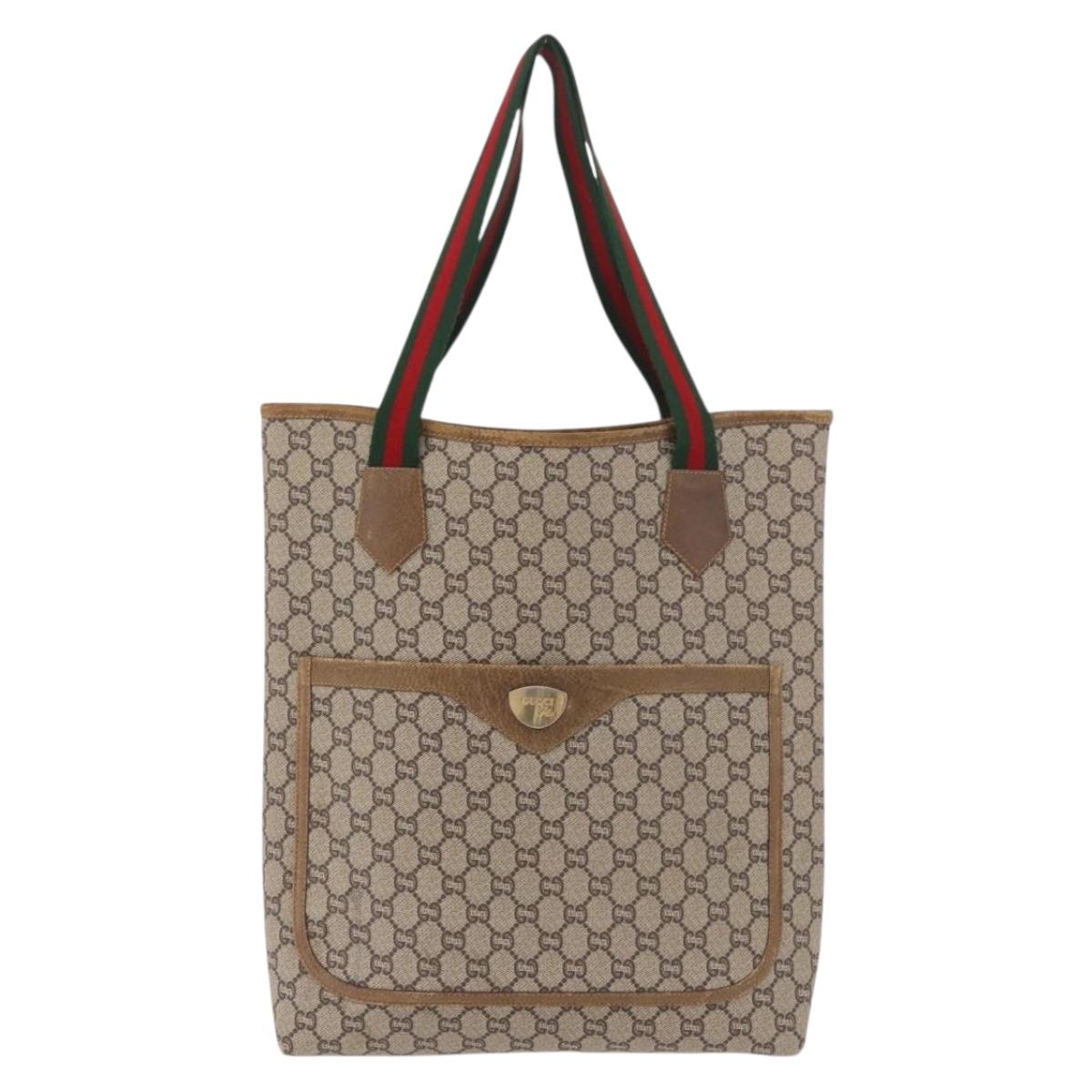GUCCI GUCCI Plus Supreme Web Sherry Line Tote Bag PVC Beige Gold Auth gh2126