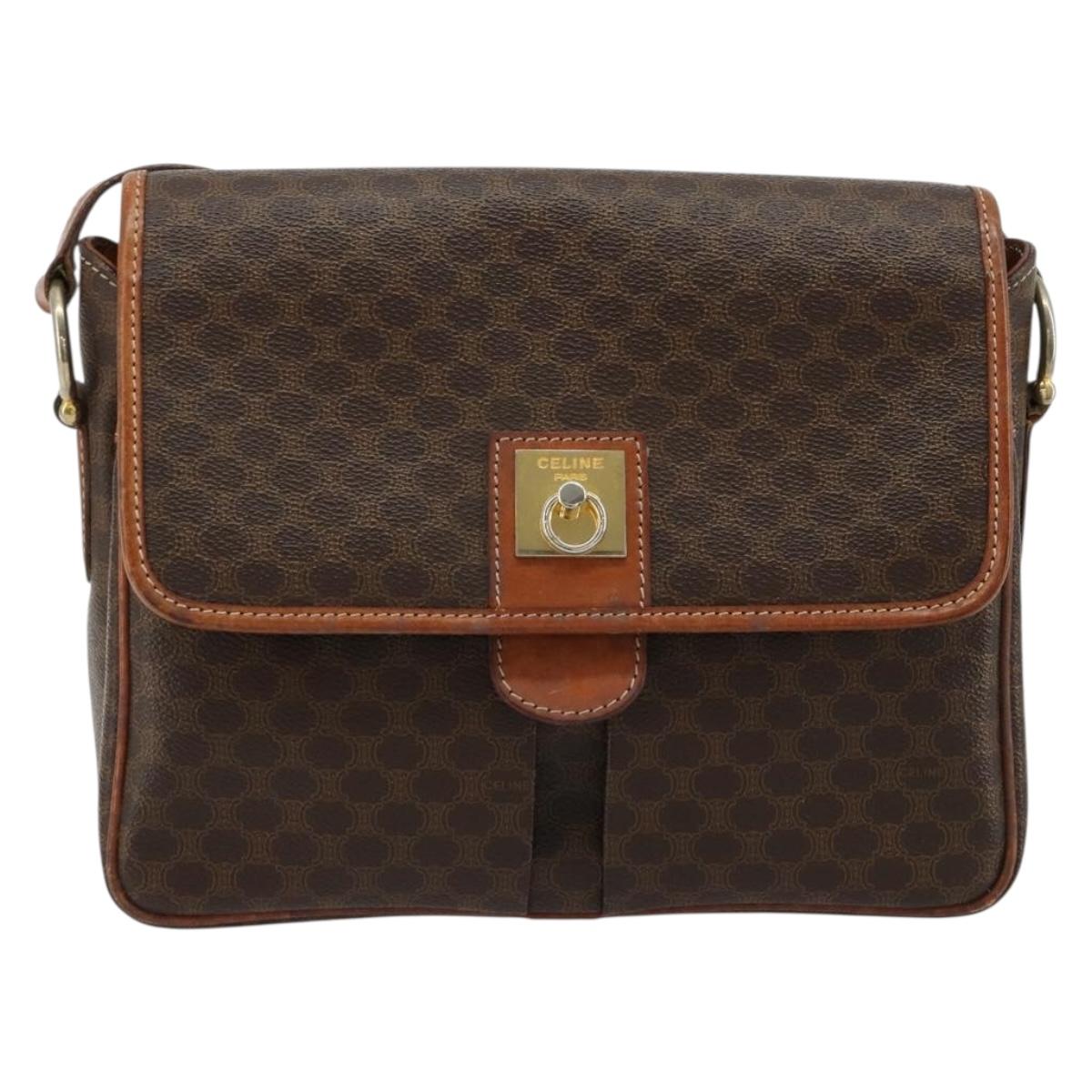 CELINE Macadam Canvas Shoulder Bag PVC Leather Brown Gold Auth gh2130