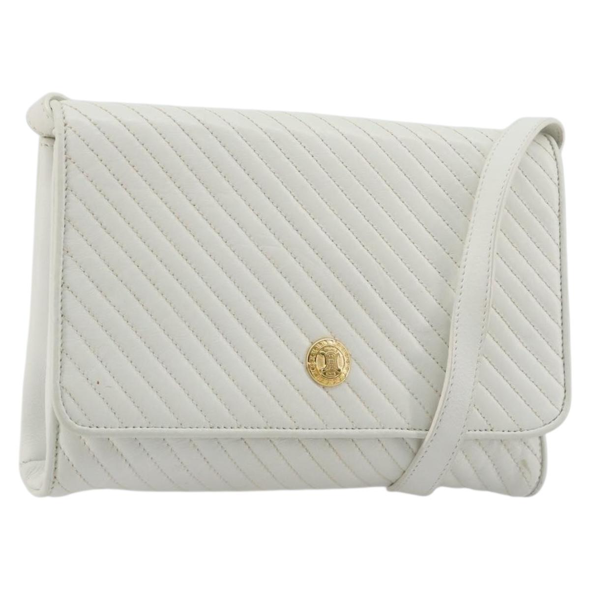 CELINE Shoulder Bag Leather White Gold Auth gh2134