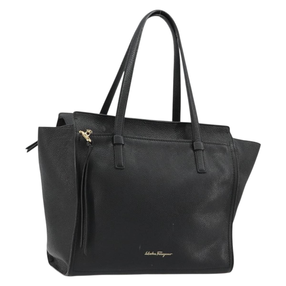 Salvatore Ferragamo Gancini Tote Bag Leather Black Gold Auth gh2138