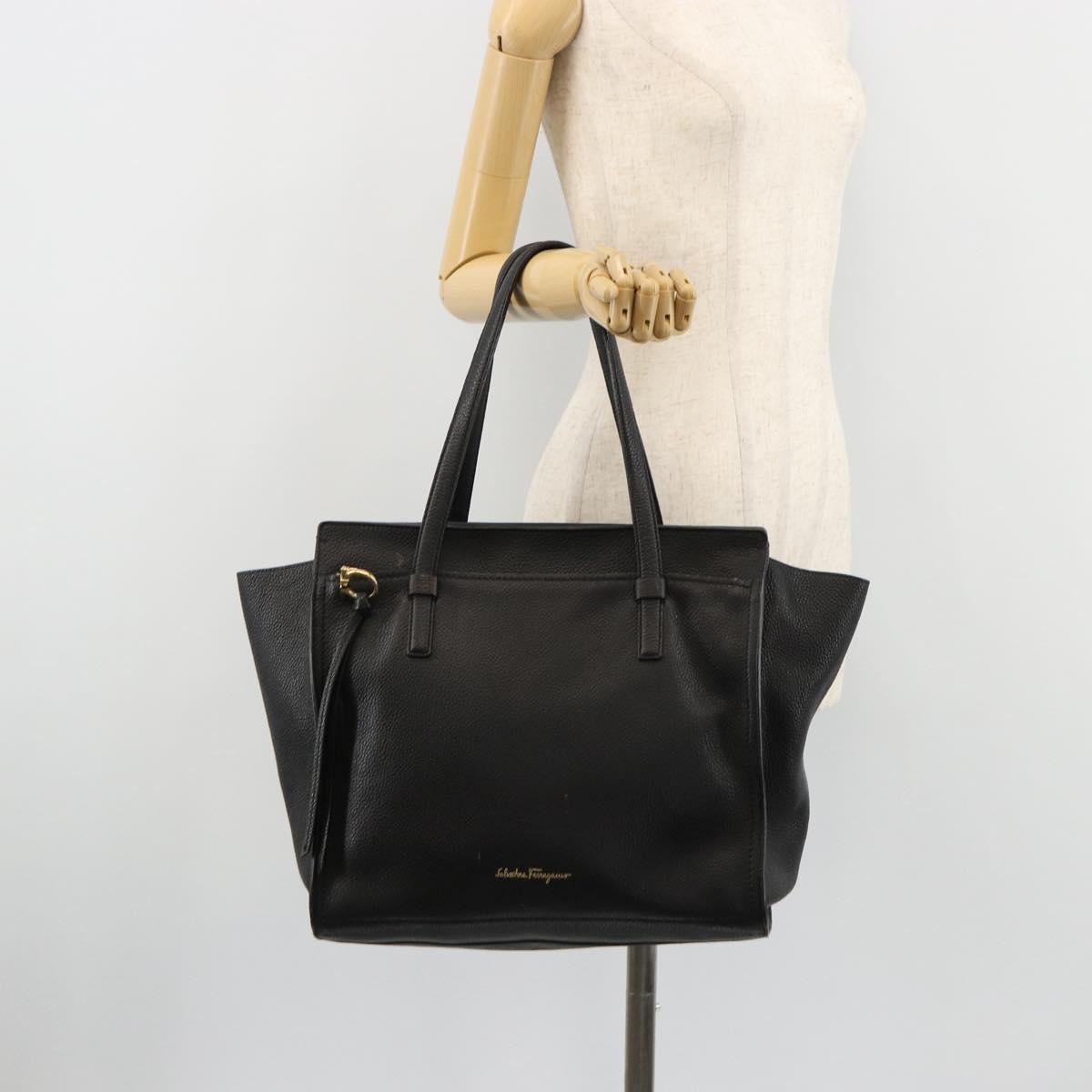 Salvatore Ferragamo Gancini Tote Bag Leather Black Gold Auth gh2138