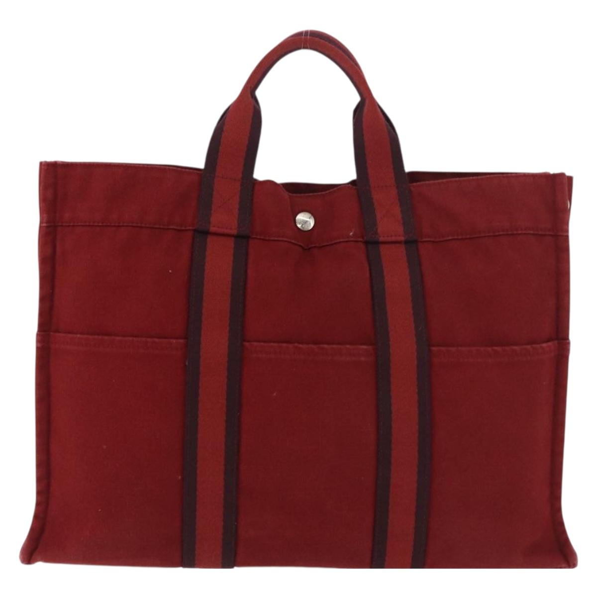 HERMES Fourre Tout MM Hand Bag Canvas Red Silver Auth gh2140