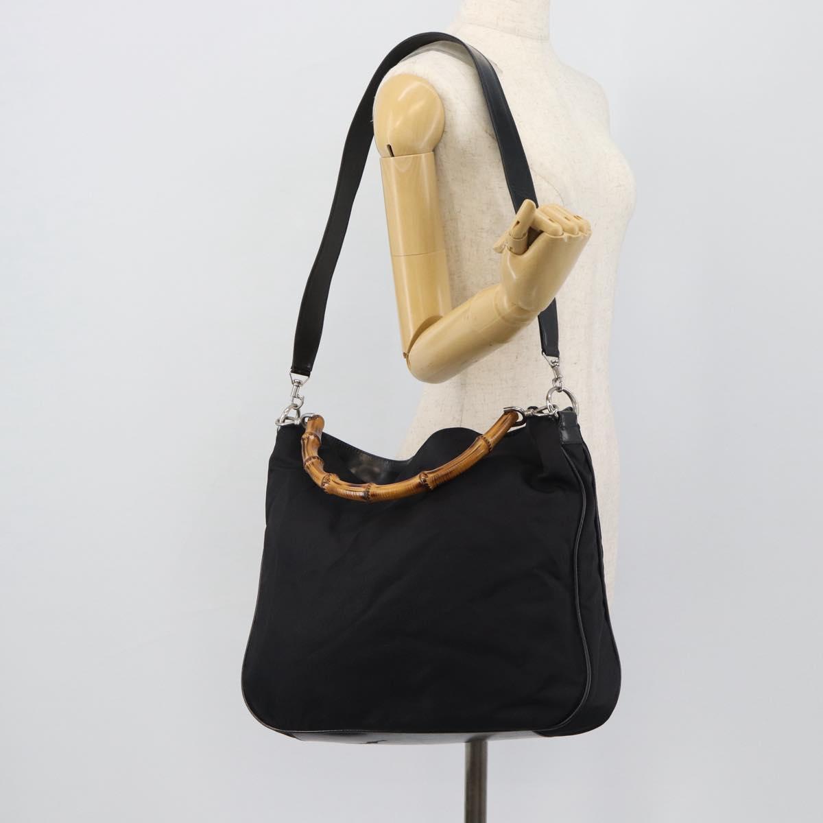 GUCCI Bamboo Hand Bag Nylon 2way Black Silver 001 1577 2615 Auth gh2147