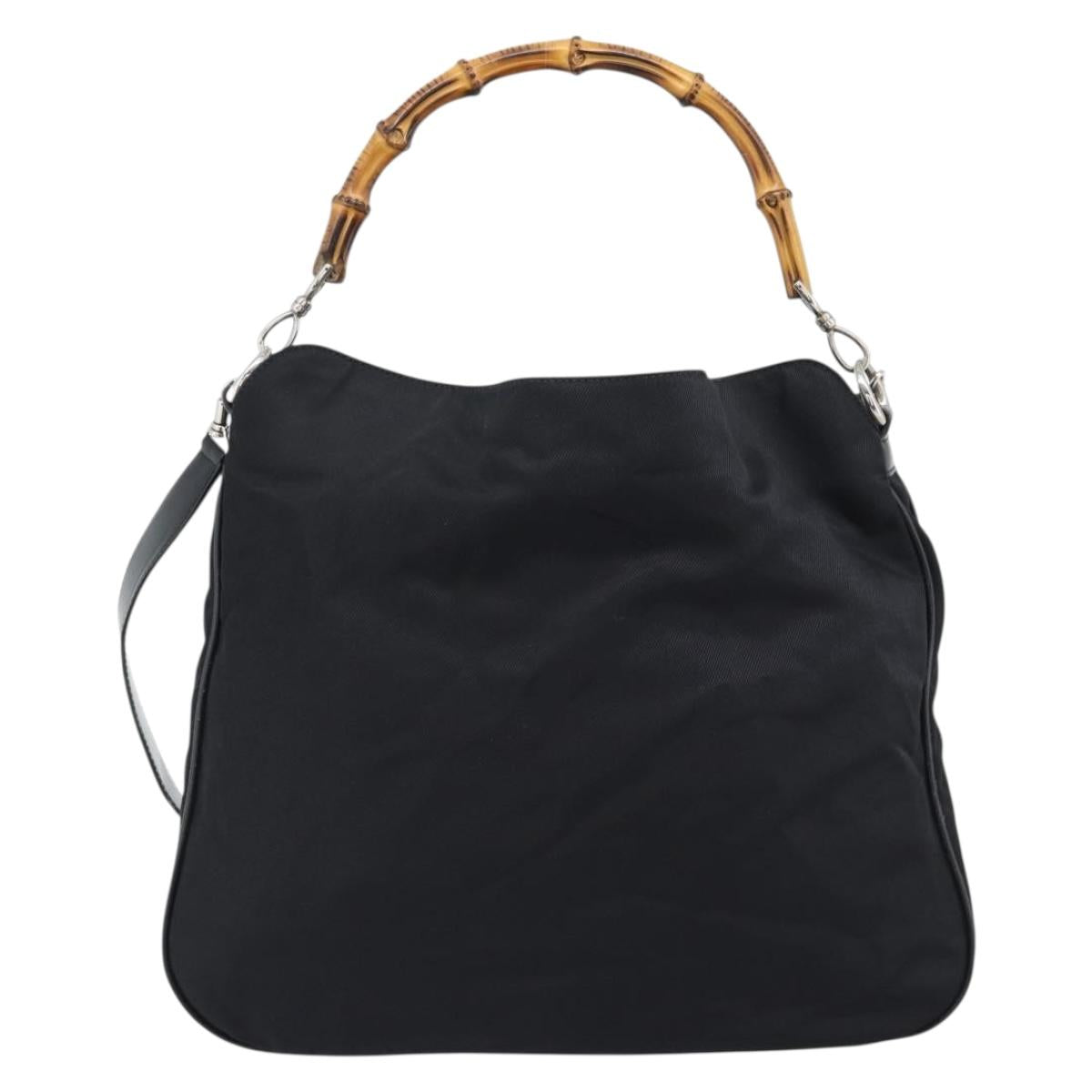 GUCCI Bamboo Hand Bag Nylon 2way Black Silver 001 1577 2615 Auth gh2147