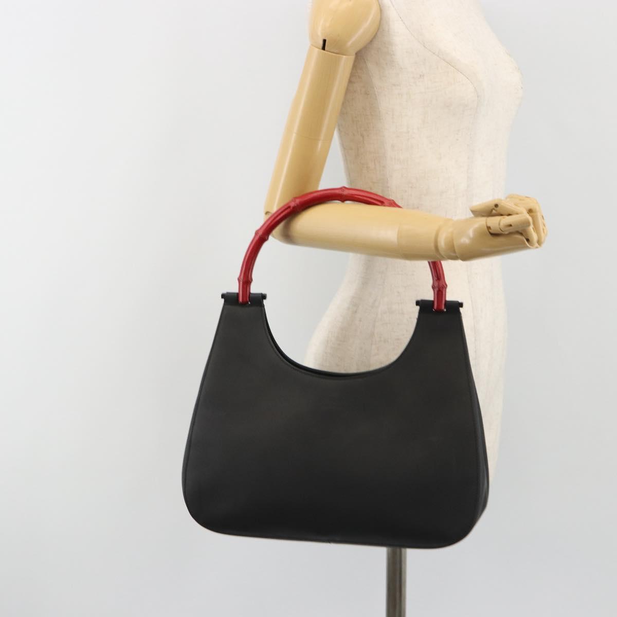 GUCCI Bamboo Hand Bag Leather Black Red Silver 001 3739 Auth gh2164A