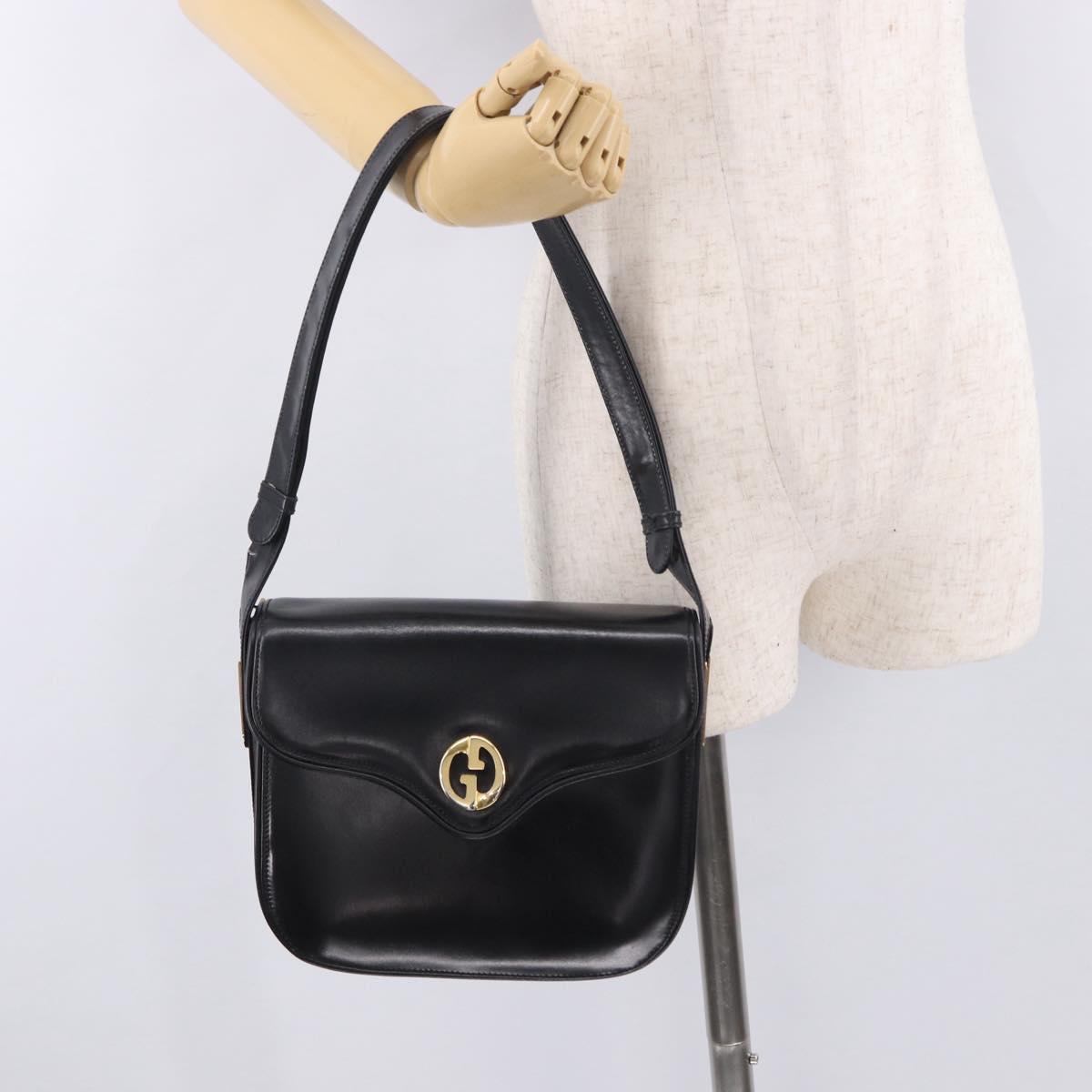 GUCCI Hand Bag Leather Black Gold Auth gh2167