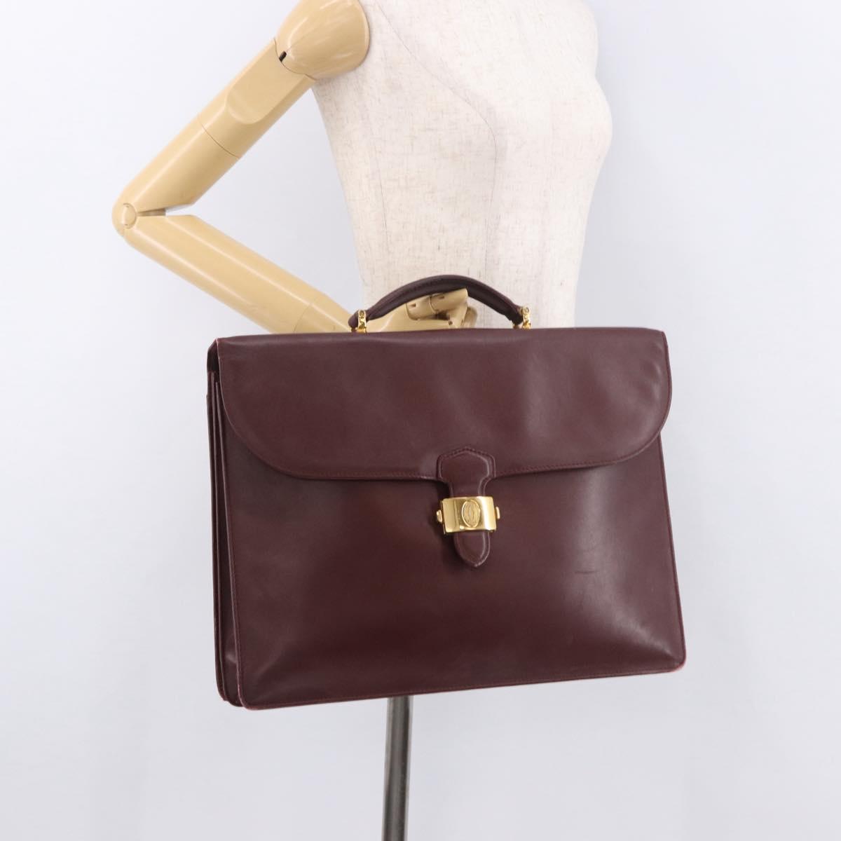 CARTIER Must Line Business Bag Leather Bordeaux Gold Auth gh2171