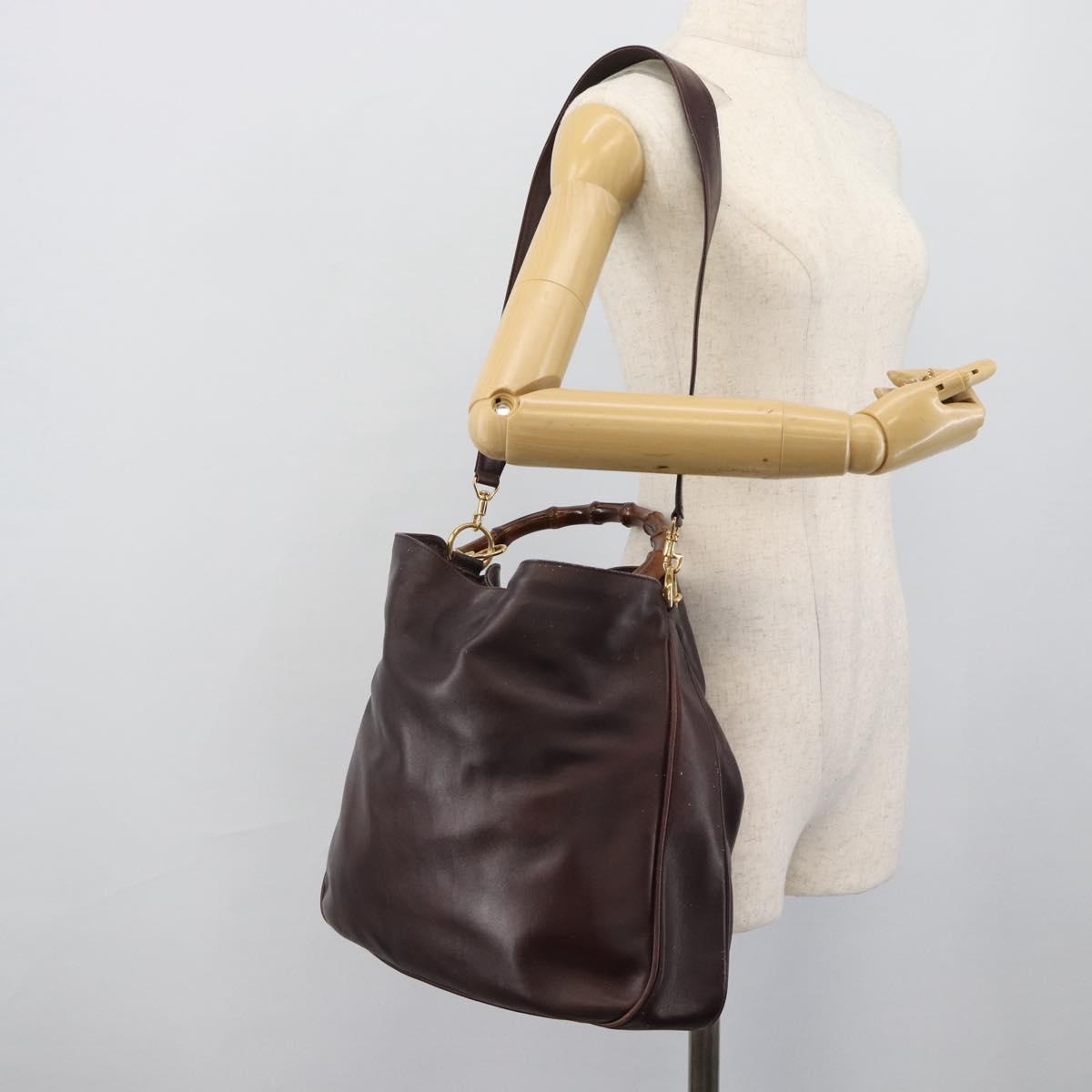 GUCCI Bamboo Shoulder Bag Leather 2way Brown Gold 001 1577 2615 Auth gh2176