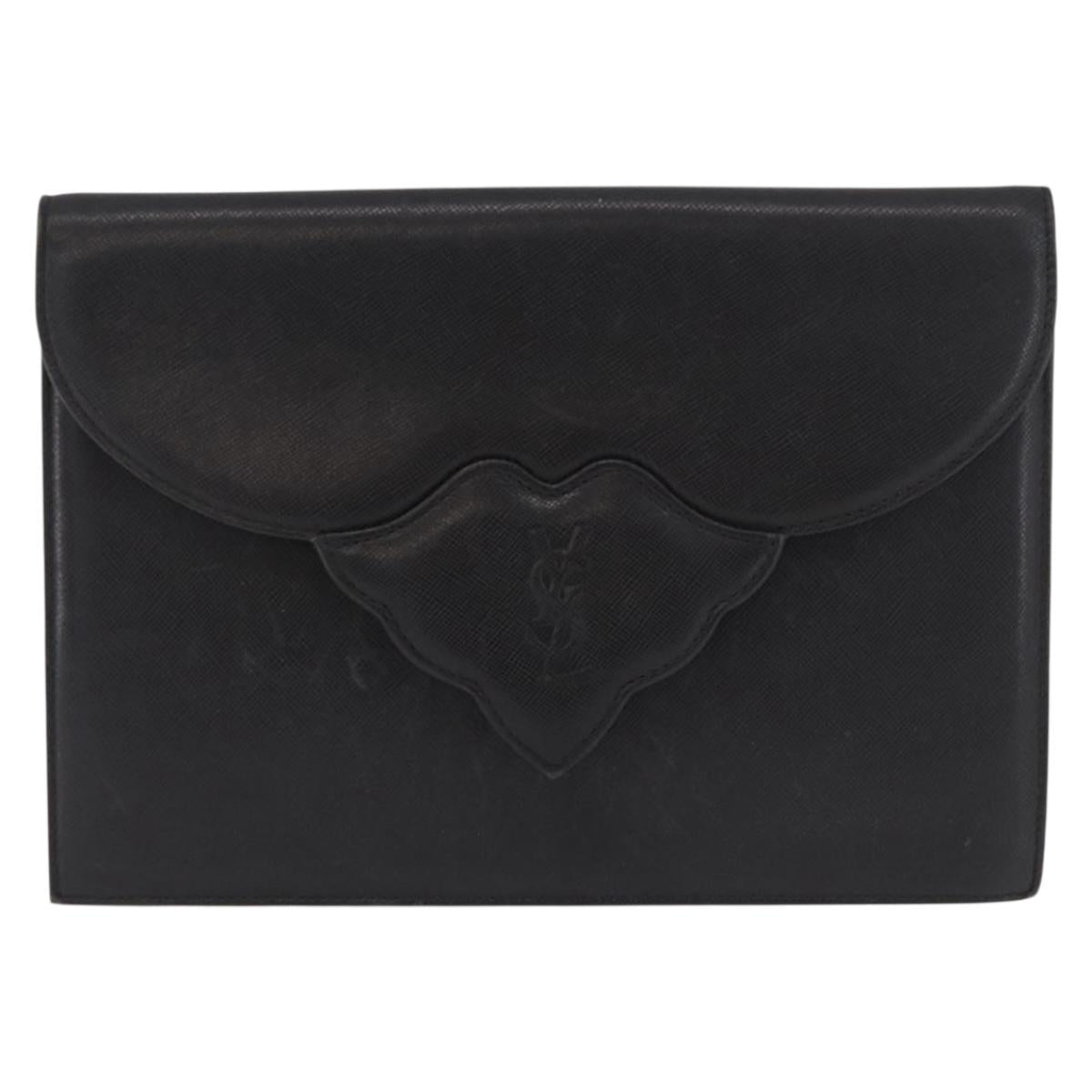 SAINT LAURENT Clutch Bag Leather Black Gold Auth gh2190