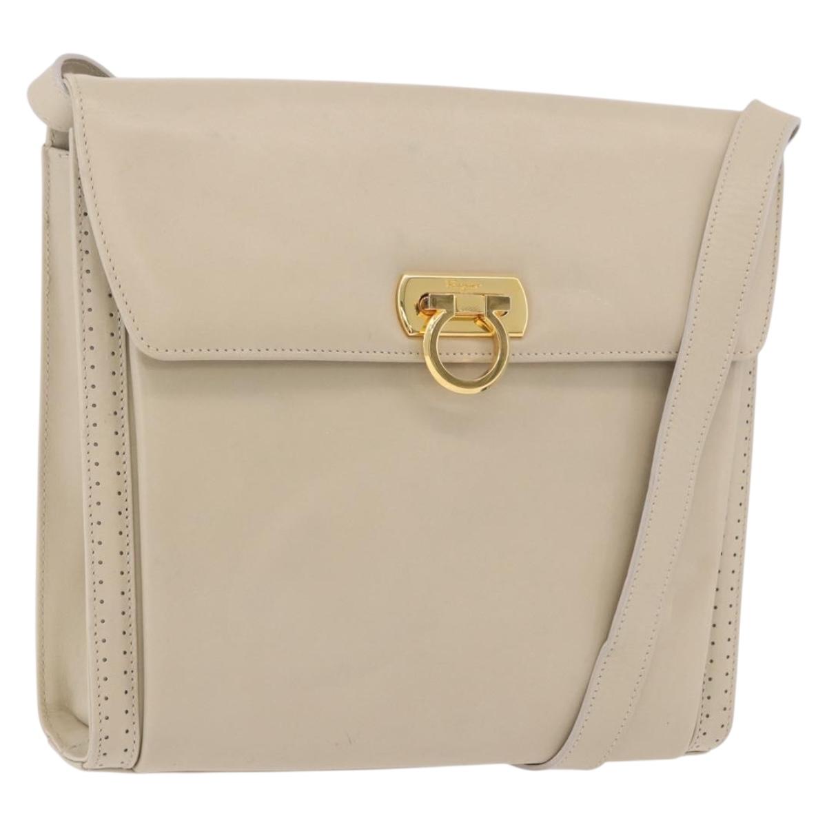 Salvatore Ferragamo Gancini Shoulder Bag Leather Ivory Gold Auth gh2195
