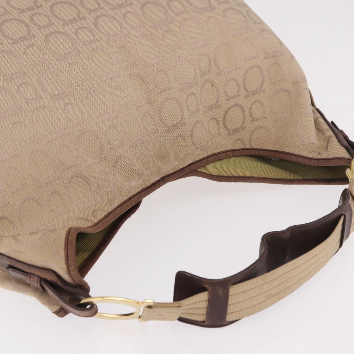 Salvatore Ferragamo Gancini Shoulder Bag Canvas Beige Gold Auth gh2197