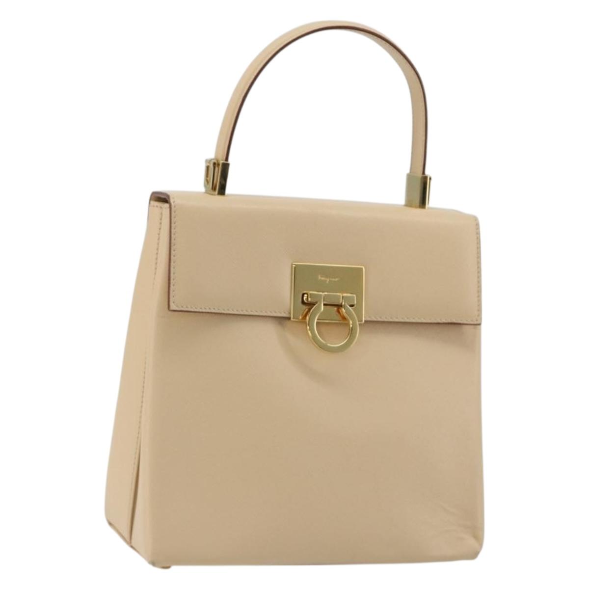 Salvatore Ferragamo Gancini Hand Bag Leather 2way Beige Gold Auth gh2211
