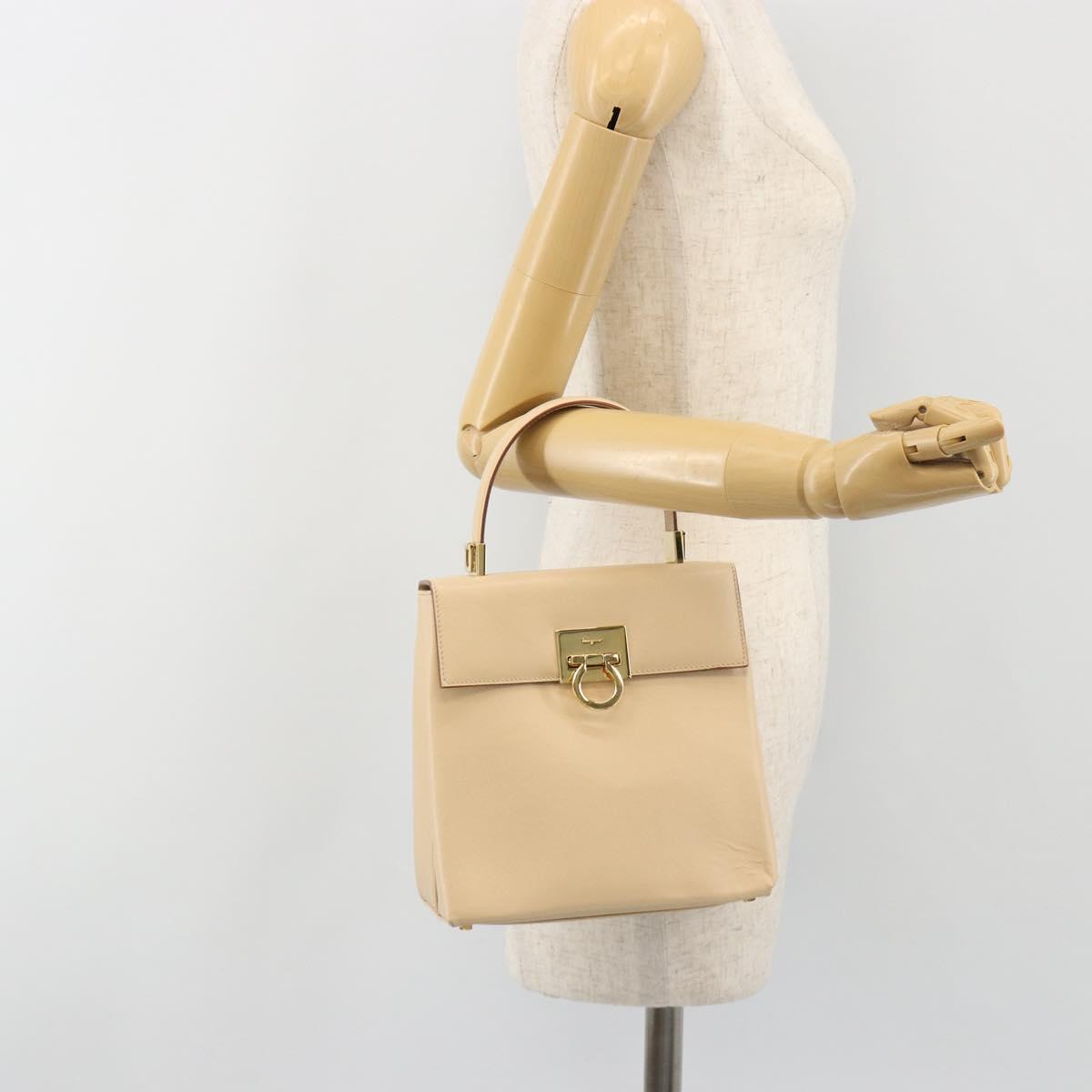 Salvatore Ferragamo Gancini Hand Bag Leather 2way Beige Gold Auth gh2211