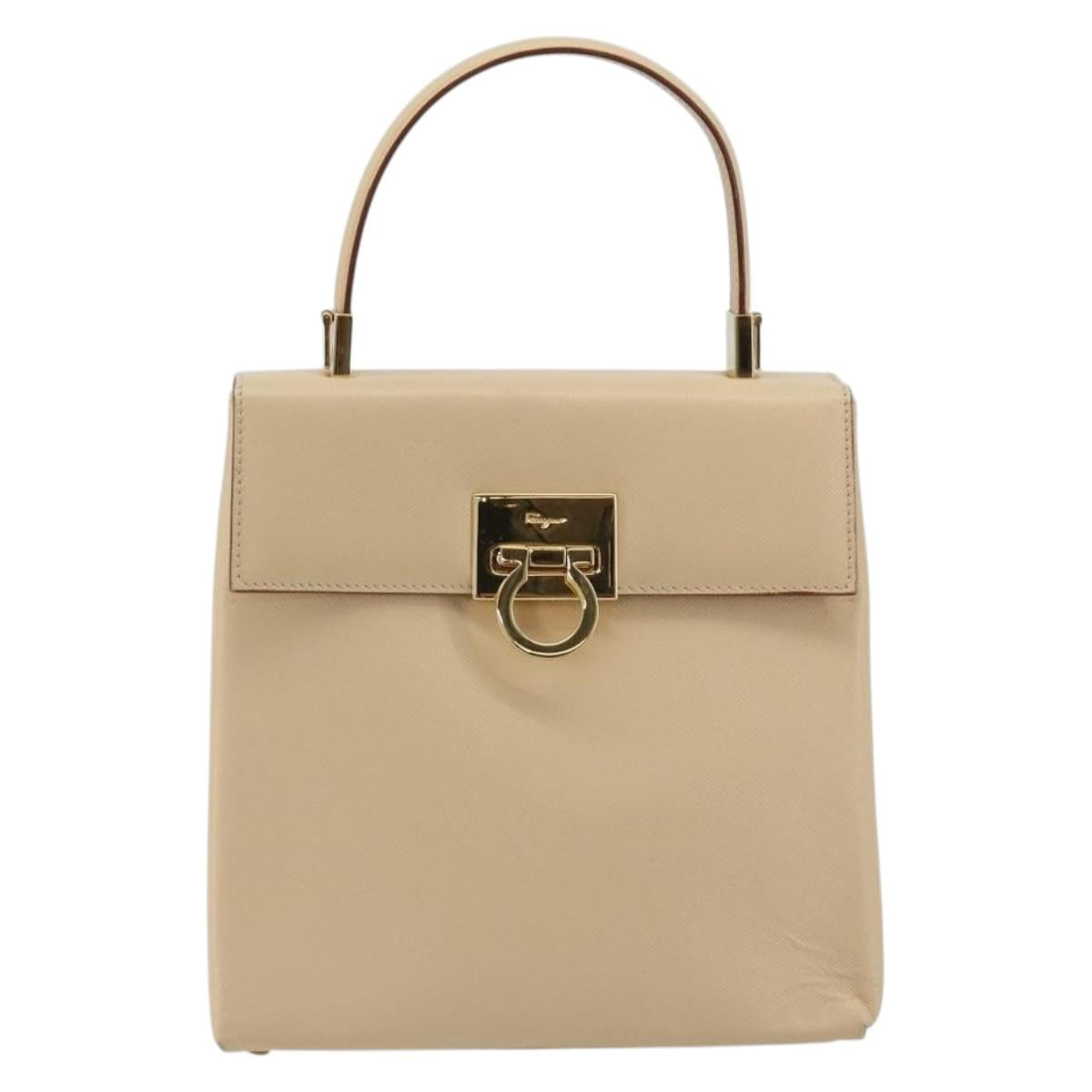 Salvatore Ferragamo Gancini Hand Bag Leather 2way Beige Gold Auth gh2211