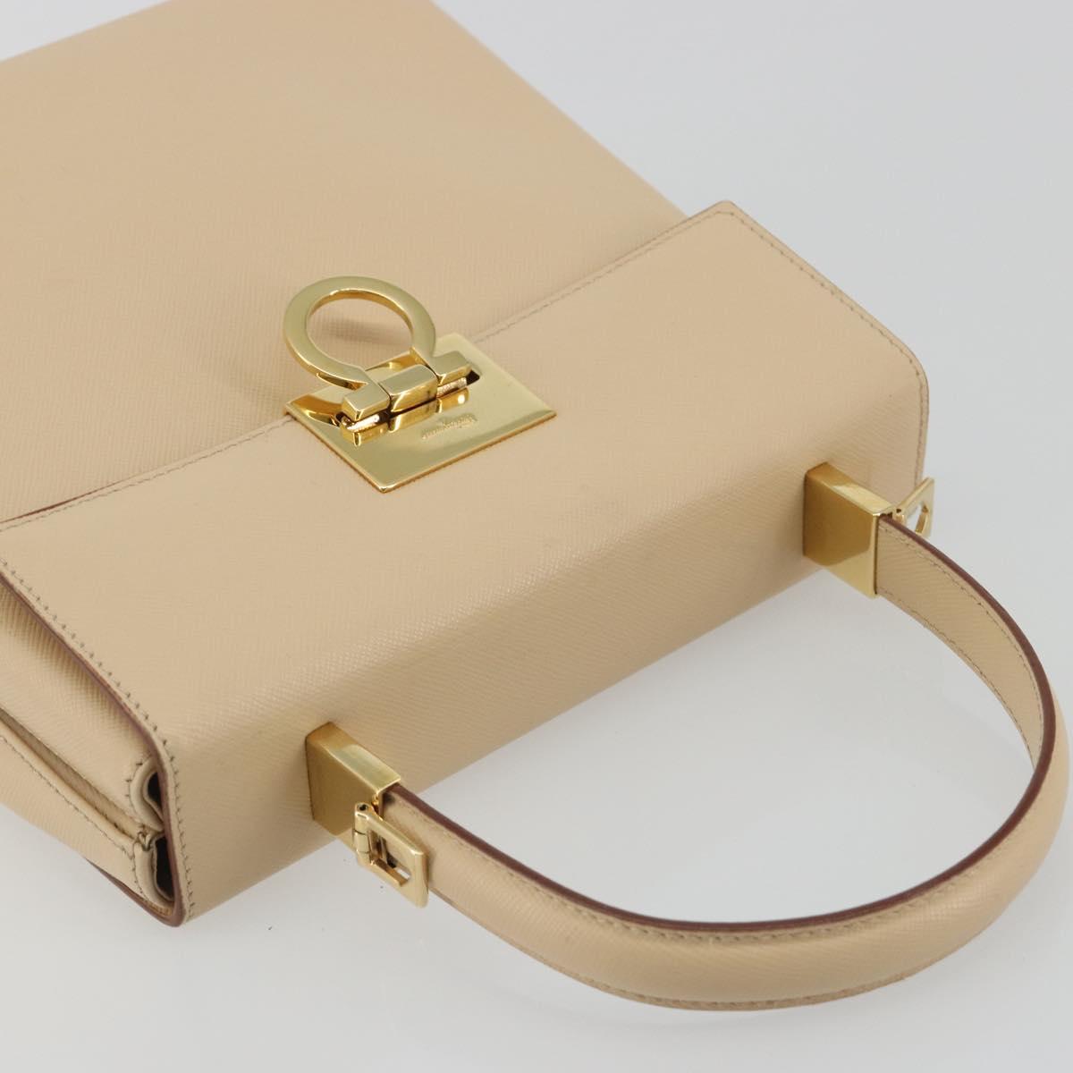 Salvatore Ferragamo Gancini Hand Bag Leather 2way Beige Gold Auth gh2211
