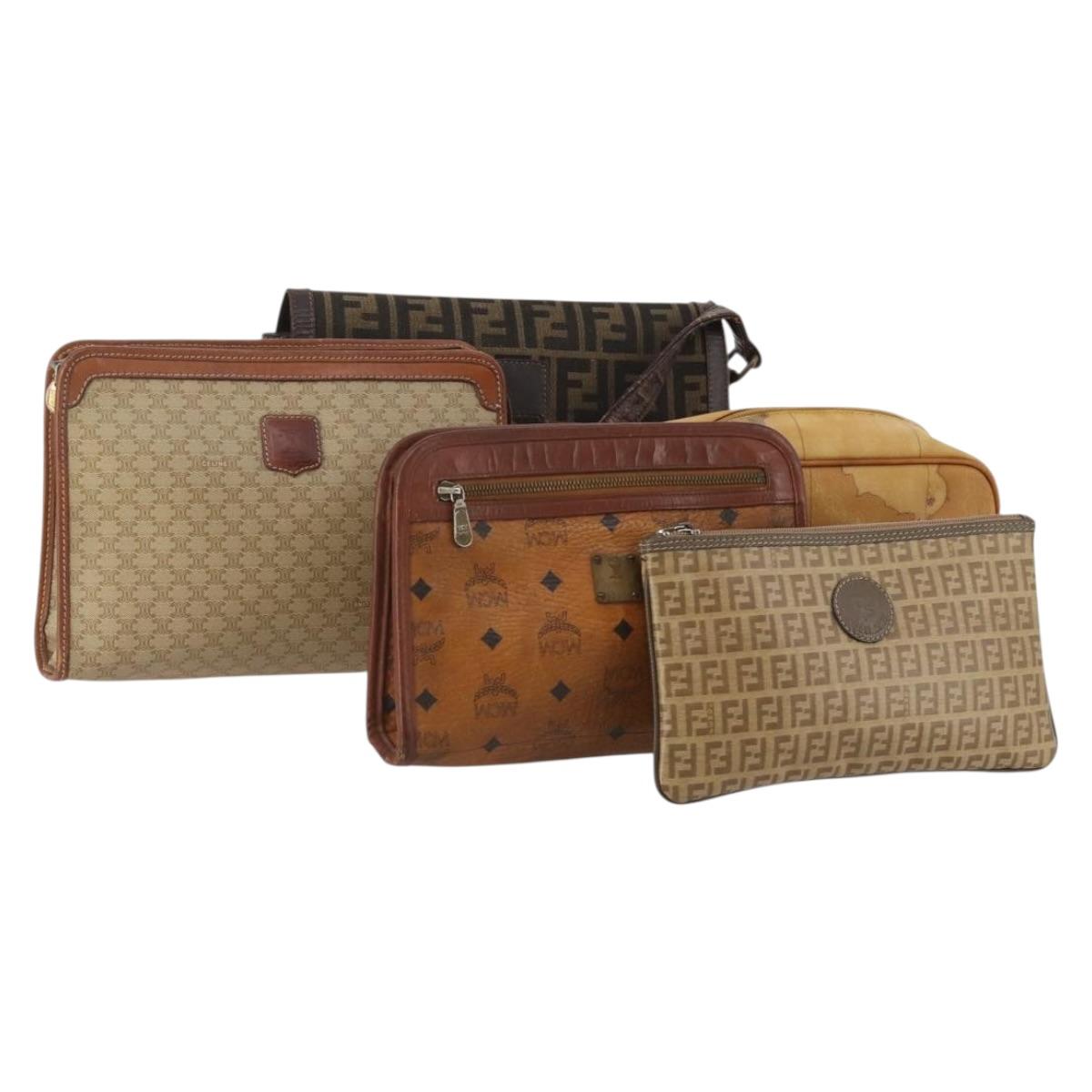 FENDI Celine MCM Clutch Bag Shoulder Bag Canvas Leather 5 Set Brown Auth gh2229
