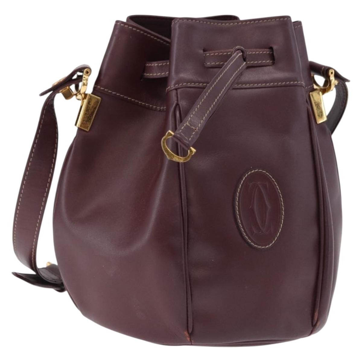 CARTIER Must Line Shoulder Bag Leather Bordeaux Gold Tone Auth gh2232