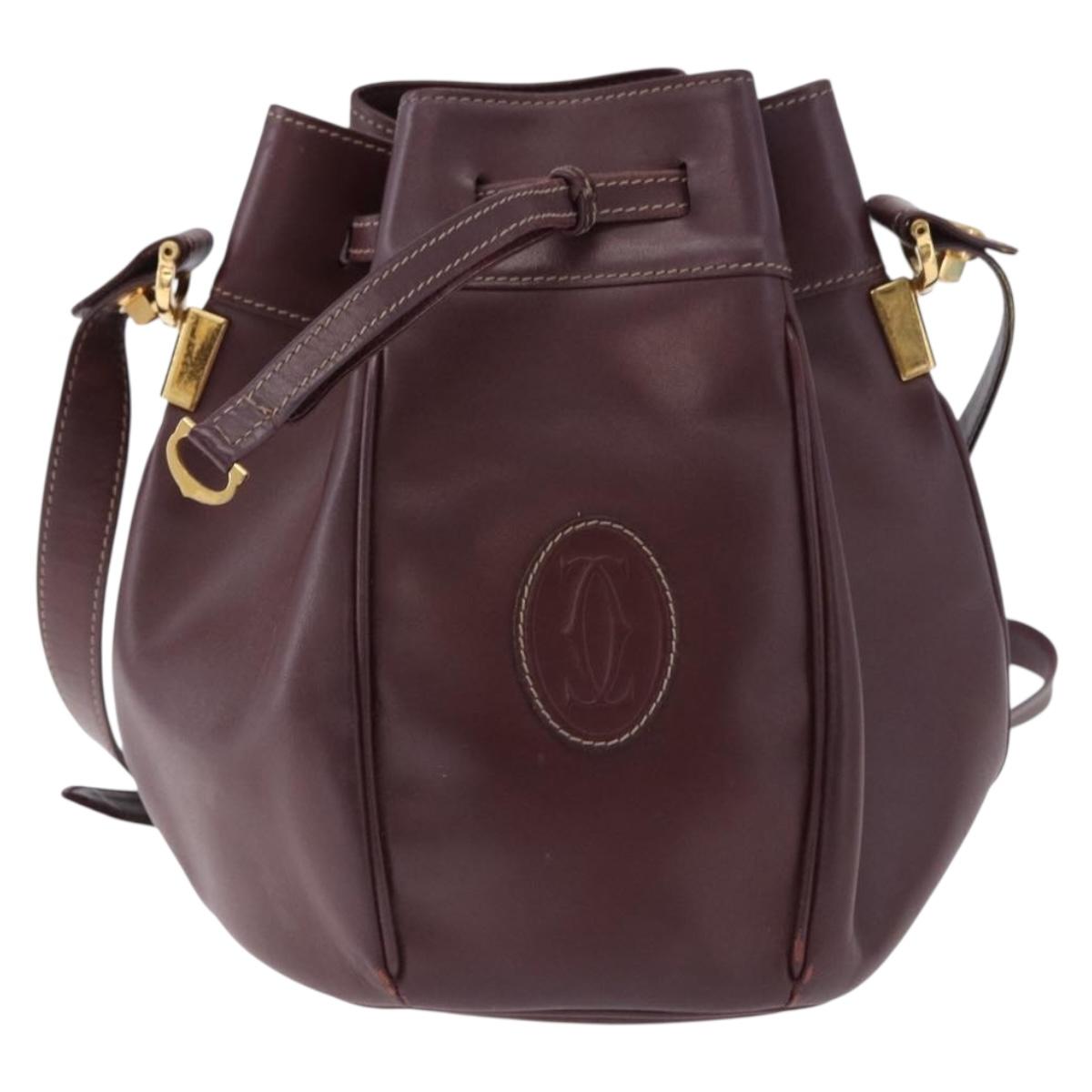 CARTIER Must Line Shoulder Bag Leather Bordeaux Gold Tone Auth gh2232