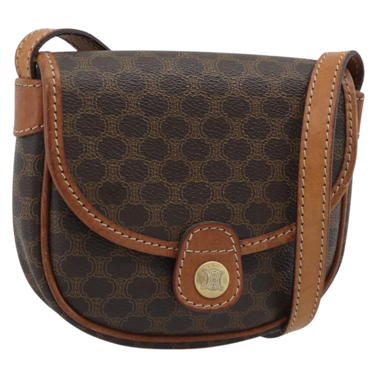 CELINE Macadam Shoulder Bag PVC Leather Brown Gold Tone Auth gh2237