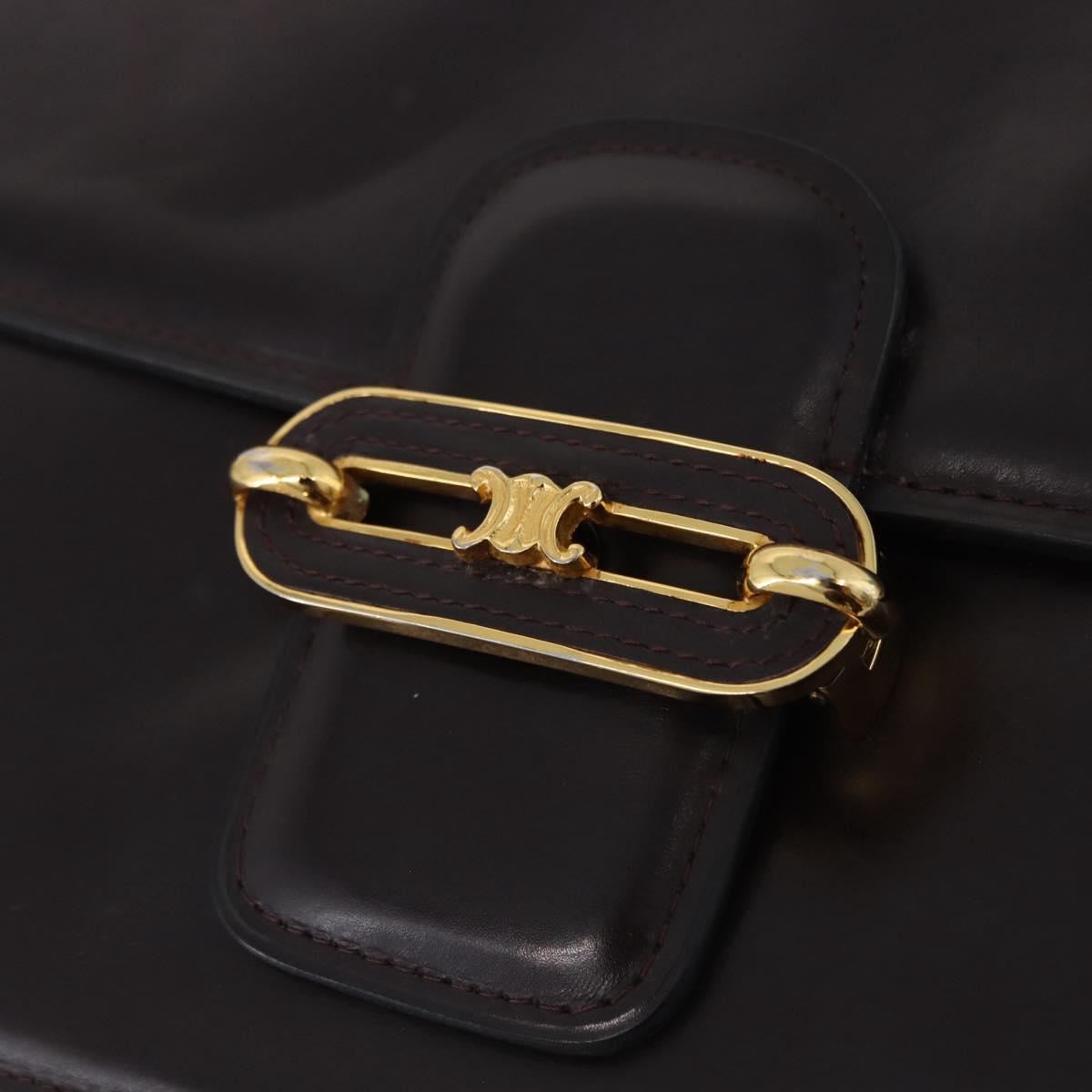 CELINE Shoulder Bag Leather Dark Brown Gold Tone Auth gh2239