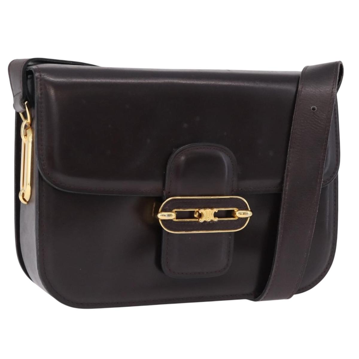 CELINE Shoulder Bag Leather Dark Brown Gold Tone Auth gh2239