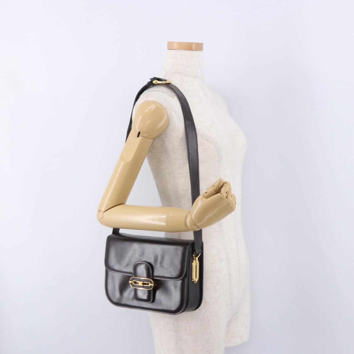 CELINE Shoulder Bag Leather Dark Brown Gold Tone Auth gh2239