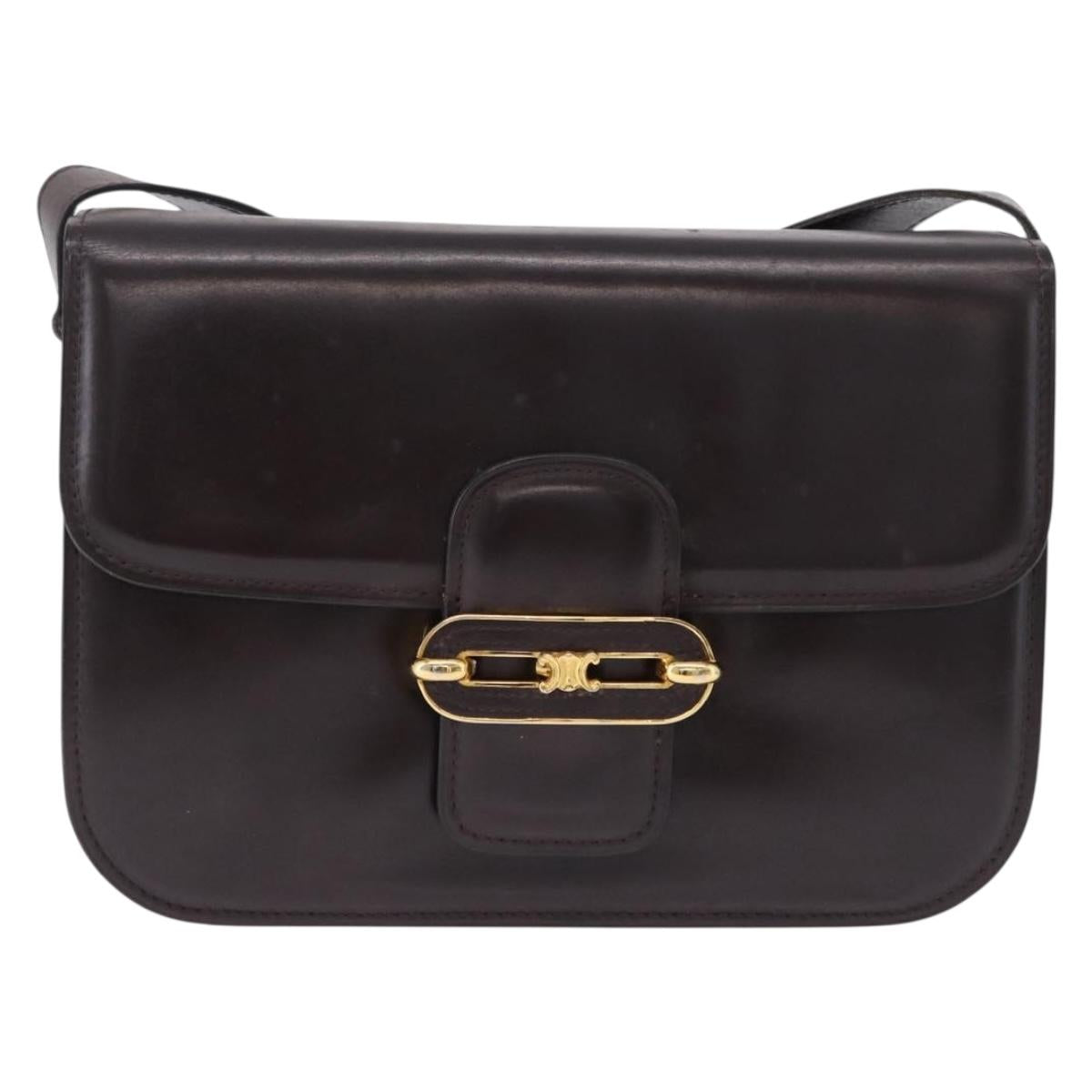 CELINE Shoulder Bag Leather Dark Brown Gold Tone Auth gh2239