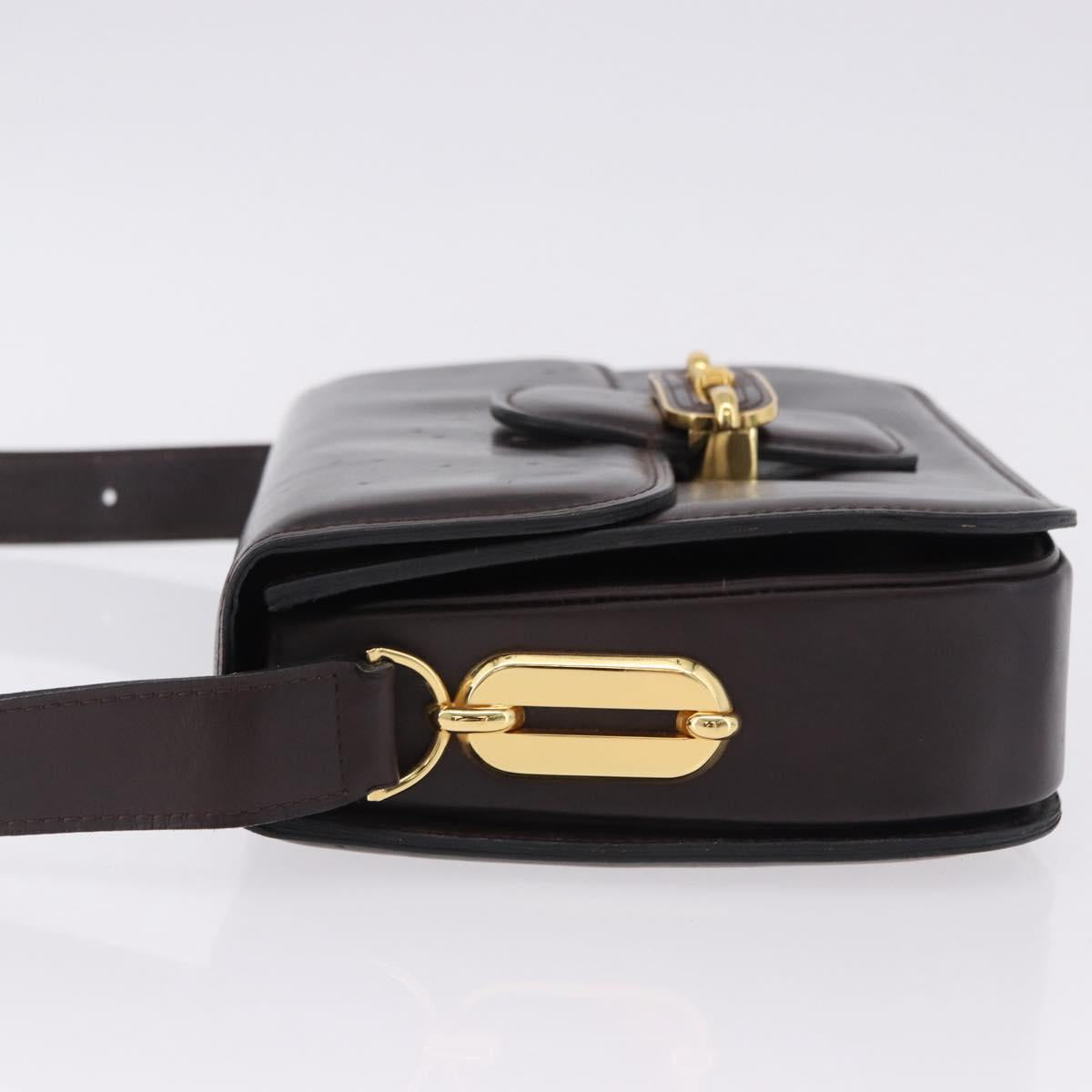 CELINE Shoulder Bag Leather Dark Brown Gold Tone Auth gh2239