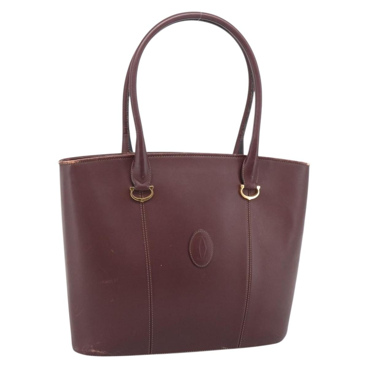 CARTIER Must Line Tote Bag Leather Bordeaux Gold Tone Auth gh2242