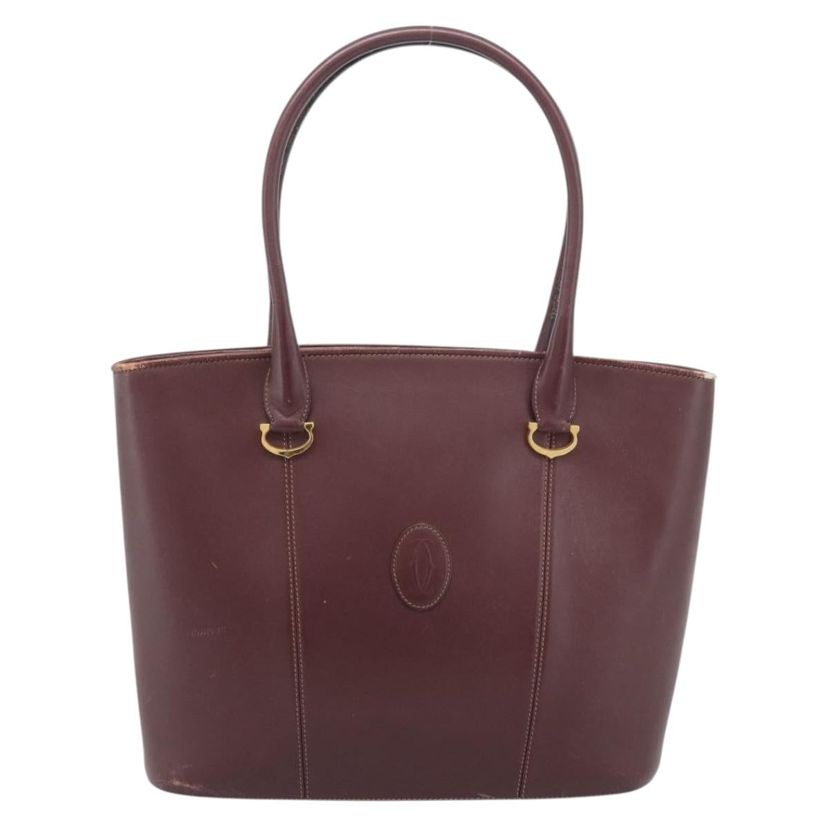 CARTIER Must Line Tote Bag Leather Bordeaux Gold Tone Auth gh2242