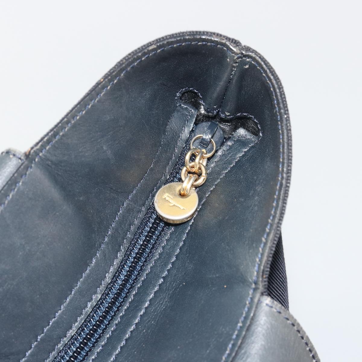 Salvatore Ferragamo Shoulder Bag Canvas Navy Gold Tone Auth gh2246