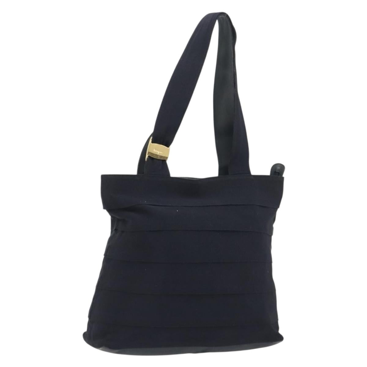 Salvatore Ferragamo Shoulder Bag Canvas Navy Gold Tone Auth gh2246