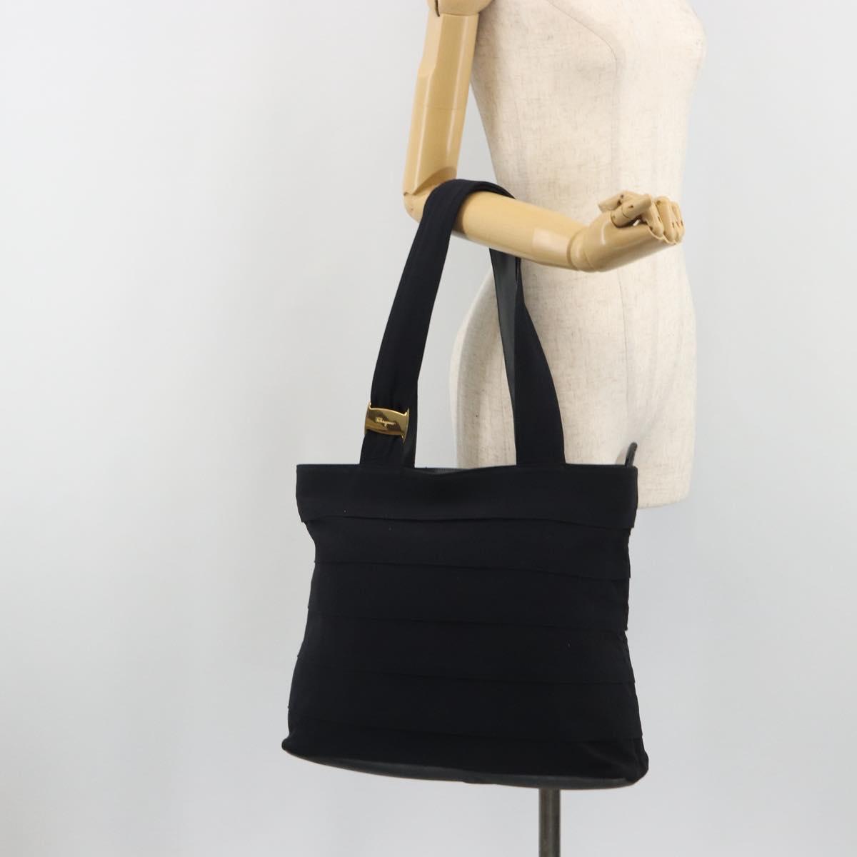 Salvatore Ferragamo Shoulder Bag Canvas Navy Gold Tone Auth gh2246