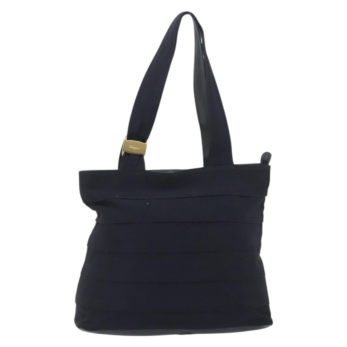 Salvatore Ferragamo Shoulder Bag Canvas Navy Gold Tone Auth gh2246