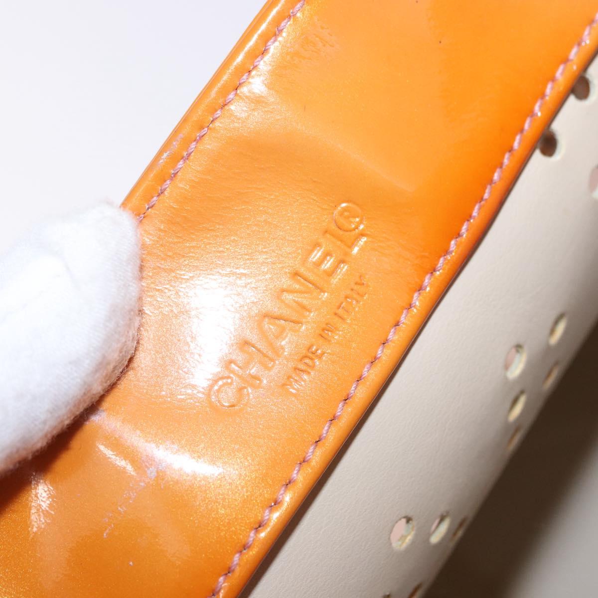 CHANEL Chain Tote Bag Patent Orange Silver CC Auth gh2250