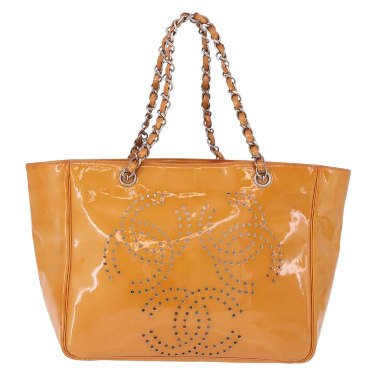 CHANEL Chain Tote Bag Patent Orange Silver CC Auth gh2250